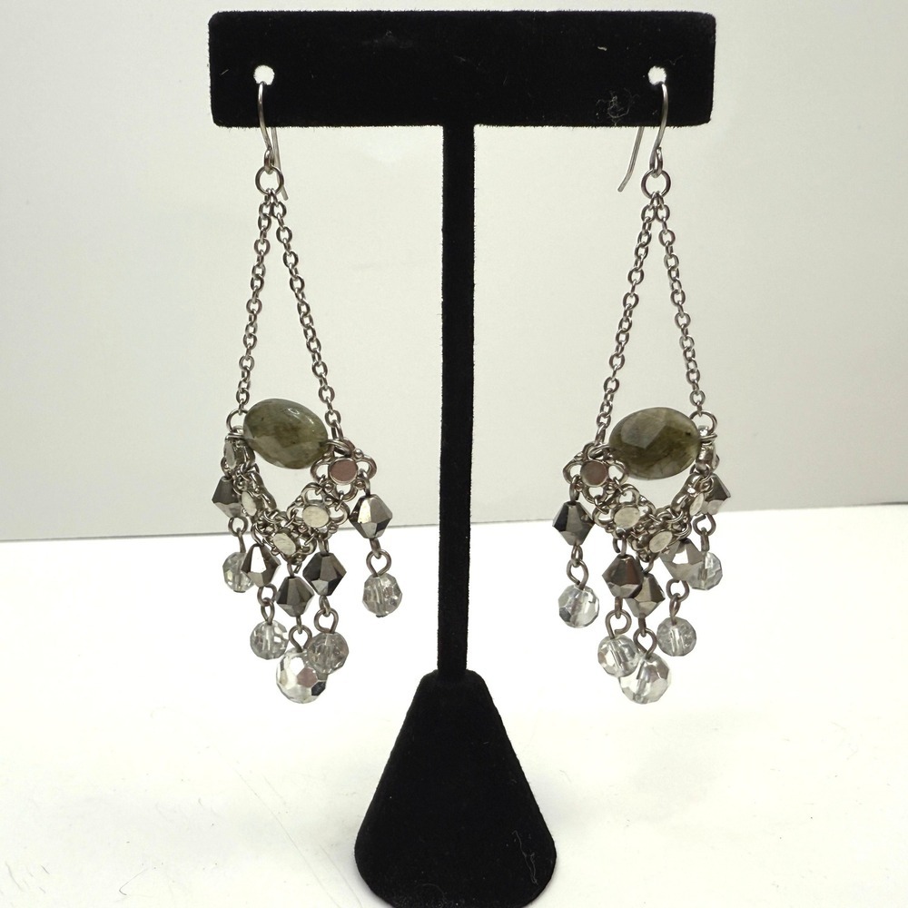 Chandelier Dangle Earrings Faceted Rhinestones Olive Green Glass Bead Silver